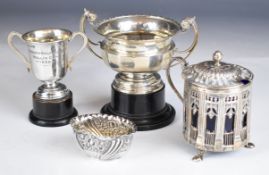 Two hallmarked silver trophy cups, width of larger 13cm, Victorian hallmarked silver open salt and a