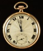 Art Deco 9ct gold keyless winding open faced pocket watch with subsidiary seconds dial, blued hands,