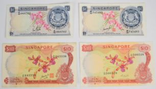 Four Singapore 1967-73 ND issue banknotes comprising two $1 and two $10