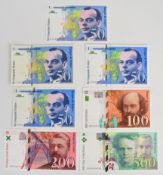 Seven France 1993-97 issue banknotes, including all four denominations from 50 Francs to 500