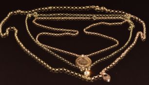 Three 9ct gold belcher chains and a 9ct gold pendant, 22g, 64cm & 48cm