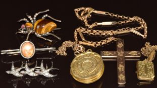 Six pieces of Victorian jewellery including gold plated cross and chain, two lockets and three white