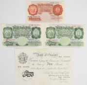 Four Bank of England P.S. Beale 10 Shillings, £1 and £5 banknotes including white £5, London, 19th