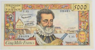 France 1958 5,000 Francs banknote featuring Henry IV