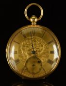 Joesph & Co 18ct gold open faced pocket watch with subsidiary seconds dial, blued hands, gold