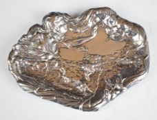 Art Nouveau hallmarked silver embossed pin tray with a nude lady holding a feather beside a
