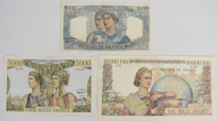 Three France post-WW2 banknotes including 1950 10,000 Francs
