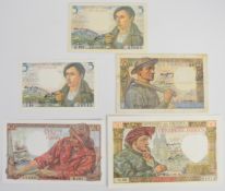Five France 1940s banknotes including high grade WW2 issue 5, 20 and 50 Francs