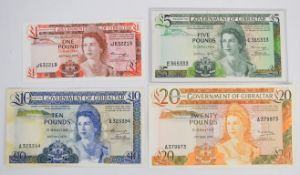 Four Gibraltar 1975-79 banknotes comprising £1, £5, £10 and £20, all dated 1975 except the £20 note,