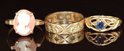 Three 9ct gold rings, one set with a cameo, one a sapphire and the other spinel, 6.7g, size K/L
