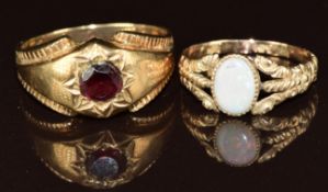 A 9ct gold ring set with a garnet (size U) and a 9ct gold ring set with an opal (size M), 5.6g