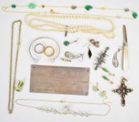 A collection of jewellery including a pair of 9ct gold earrings set with jadeite, a double strand of