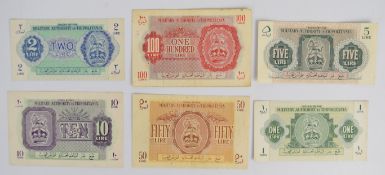 Six 1943 British Military Authority Tripolitania (Libya) banknotes, comprising 1-100 Lire