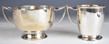 Art Deco hallmarked silver twin handled bowl and matching tankard or mug, Sheffield 1934, maker