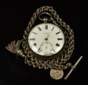 J.W.Benson silver open faced pocket watch with inset subsidiary seconds dial, black Roman