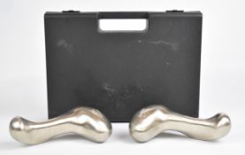 Pair of cased Phillipe Starck for xO brushed / stainless steel 3kg designer dumbbells, L20cm