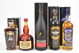 Five bottles of mixed spirits and liqueurs comprising Five Kings Brandy XO 70cl, Loch Lomond