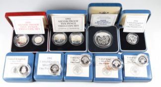 A collection of Royal Mint silver proof coins including £1 years 1986, 1987 (x2), 1988, 1991, 1994