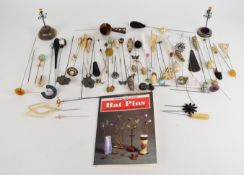 A collection of hat pins including a pair of silver enamel butterflies by JA & S, silver filigree,