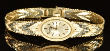 Rotary 9ct gold ladies wristwatch with two-tone hands and hour markers, silver dial and signed