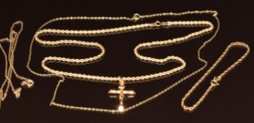 A 9ct gold rope twist necklace, two 9ct gold chains and a 9ct gold bracelet, 6.8g