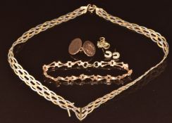A 9ct gold necklace and bracelet (damaged), single 9ct gold cufflink, pair of 9ct gold earrings in