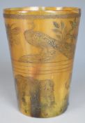 18th / 19thC scrimshaw horn cup with two borders of animals comprising tiger, elephant, zebra,