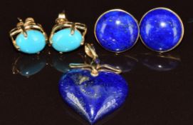 Two pairs of 9ct gold earrings set with turquoise and lapis lazuli and a 9ct gold pendant set with