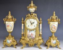 Franz Hermle 19th century style gilt metal and painted porcelain mantel clock garniture, the two