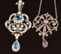 A silver pendant set with paste and a silver necklace set with paste and marcasite