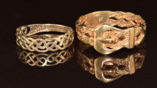 A 9ct gold buckle ring and a 9ct gold Celtic ring, 5.2g, size K & W
