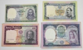 Four Portugal 1960-61 banknotes including 20, 50, 100 and 1000 Escudos