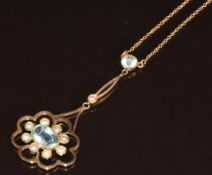 Edwardian 9ct gold necklace set with auquamarines and seed pearls (chain damaged), 2.7g