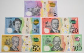 Five Australia 2016-20 polymer banknotes, including high-grade $5 to $100