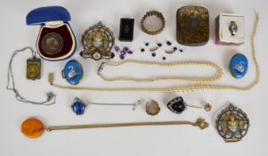 A collection of jewellery including Czech buckle set with enamel, silver ring set with topaz, 1819