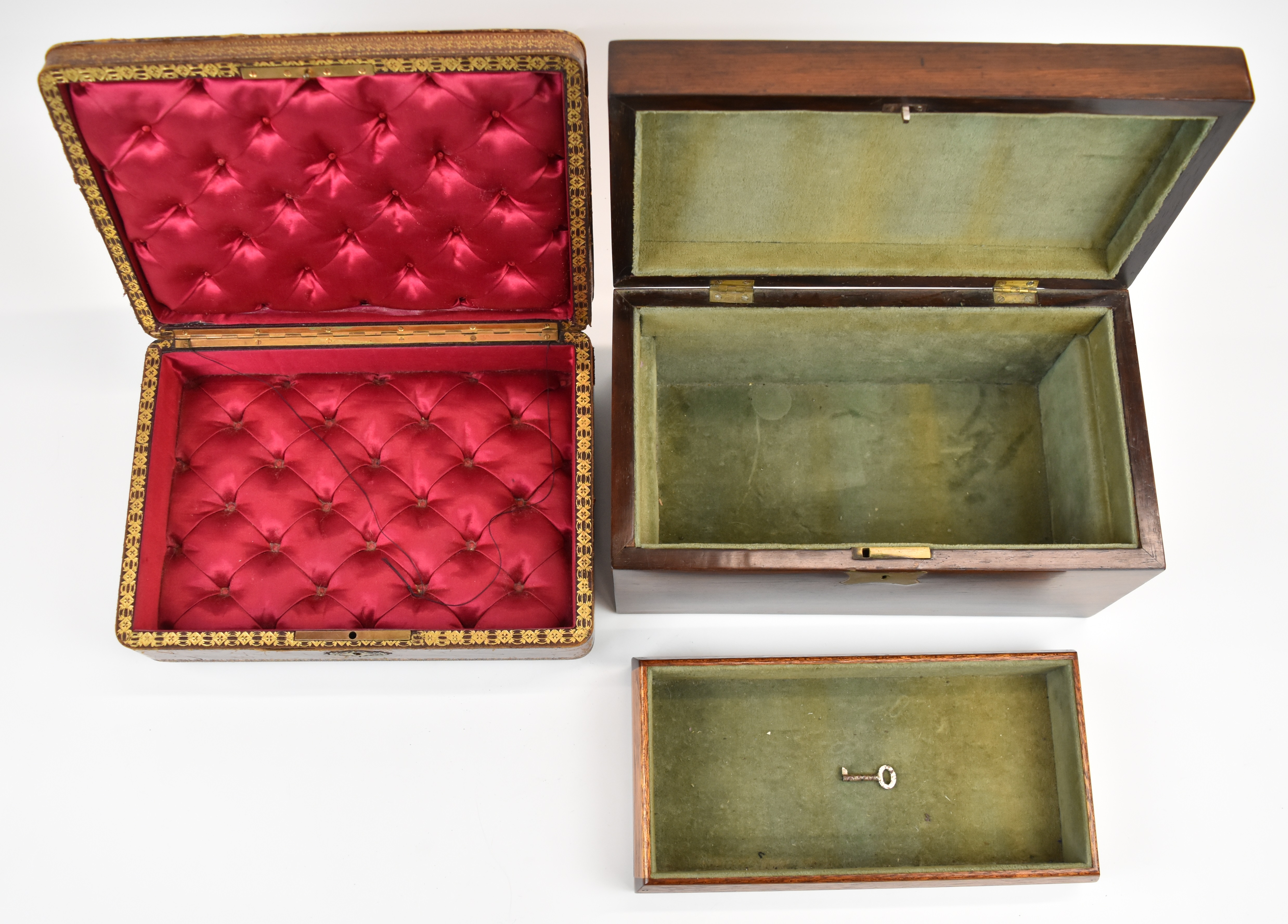 A tooled leather jewellery box and a wooden box with key - Image 7 of 7