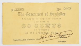 Government of Seychelles 1919 emergency issue 50 cents signed by Sir Eustace Fiennes (Governor of
