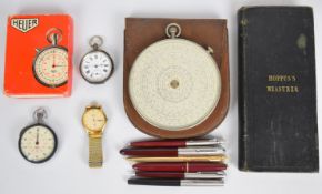 Heuer stopwatch in box, Hoppus' measurer, Parker fountain and other pens including one with 14K gold