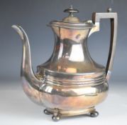 Victorian hallmarked silver coffee pot raised on four squat ball feet, Sheffield 1895, maker