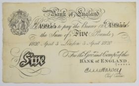 Bank of England 1920 E.M. Harvey white £5 banknote, London, 3rd April 1920