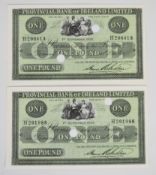 Two Provincial Bank of Ireland 1926 £1 banknotes in very high grade, punch-hole cancelled