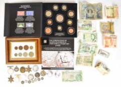 Coins and medals including three silver crown sized coins including Chinese and 2010 Britannia,