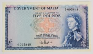 Malta 1961 £5 banknote signed by D.A. Shepherd