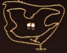 Two 9ct gold necklaces with T bar pendants (5g) and a pair of 9ct gold earrings each set with a