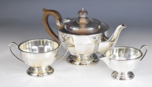 Art Deco hallmarked silver three piece tea set with faceted bodies, Birmingham 1932, maker JWB Ld,