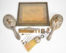 Hallmarked silver hand mirror, two brushes, comb, four Art Deco pickle forks and a Victory Series