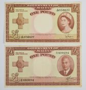 Two Government of Malta £1 banknotes featuring King George VI (1951) and Queen Elizabeth II (1954)