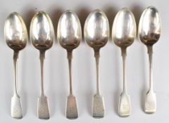 Set of six Victorian hallmarked silver fiddle pattern dessert spoons, London 1859, maker Chawner &