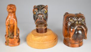 18th / 19thC carved treen figure of a dog, 19thC walking stick handle and a hinged boxer dog