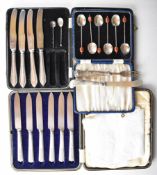 Hallmarked silver handled and hallmarked silver cutlery comprising set of six coffee bean spoons,